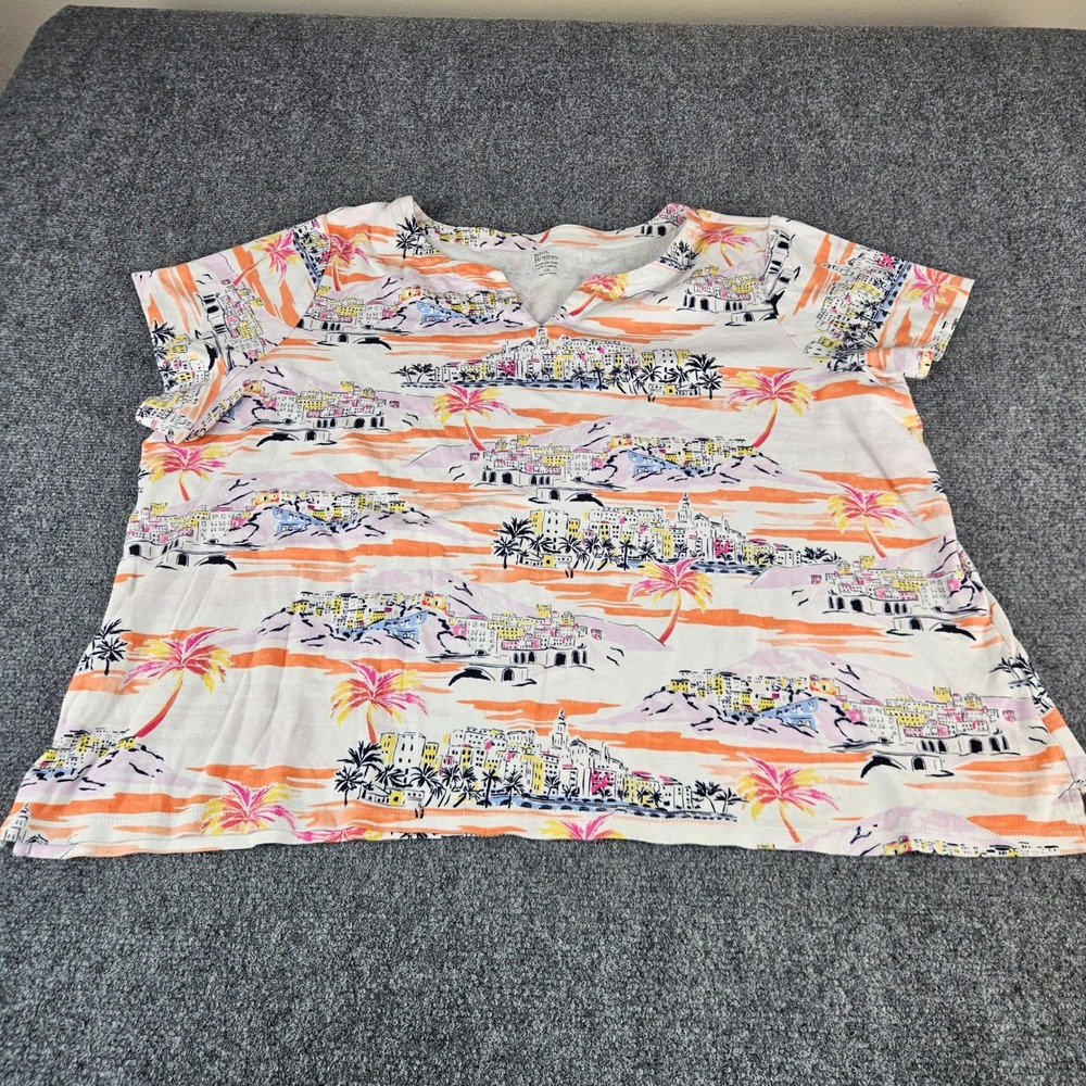 Kim Rogers Perfectly Soft Cotton Scenic Coastal Print V-Neck Tee 2X Plus Size